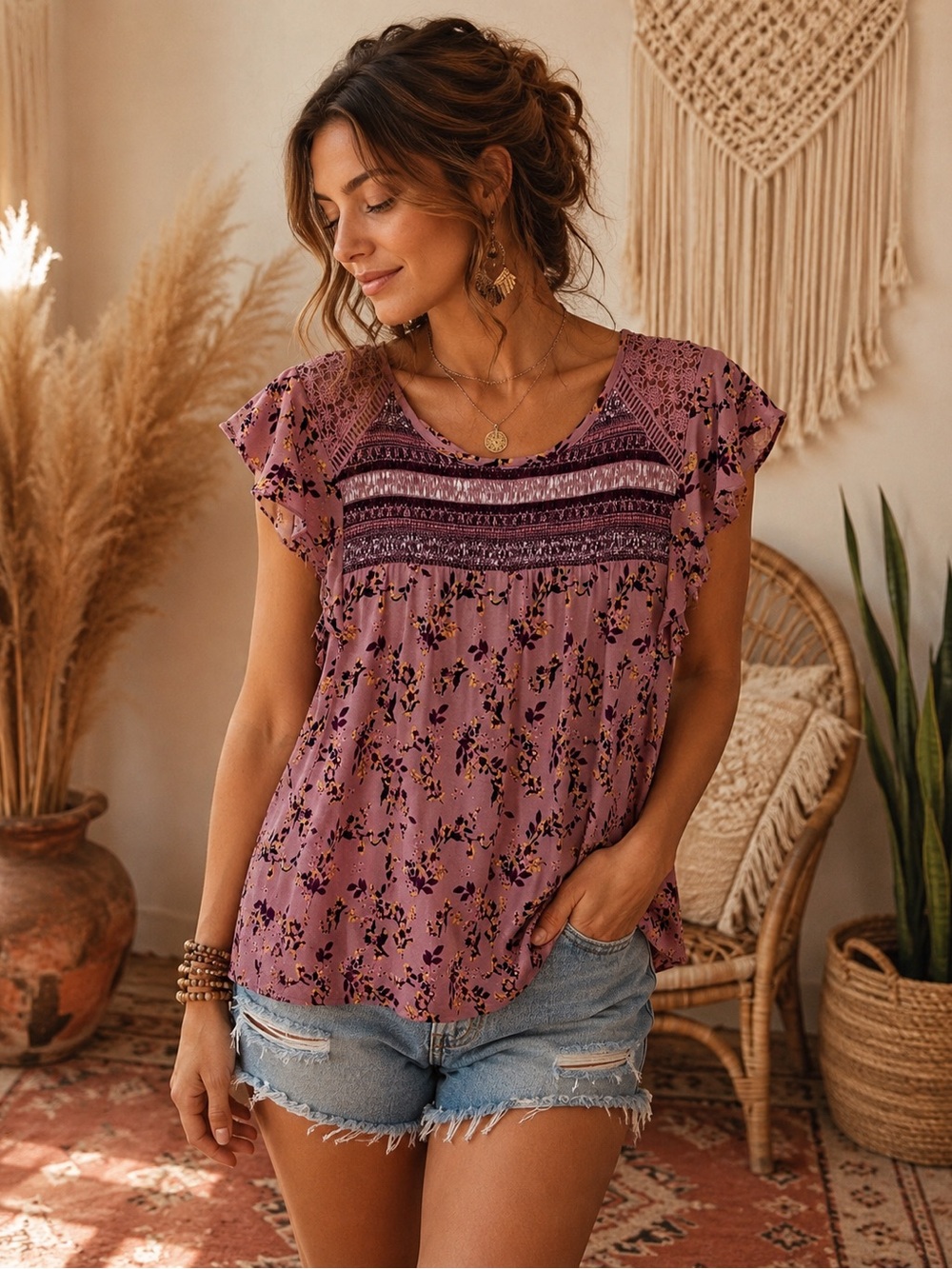 Boho Chic Rewind Mauve Floral Lace-Yoke Flutter Sleeve Top